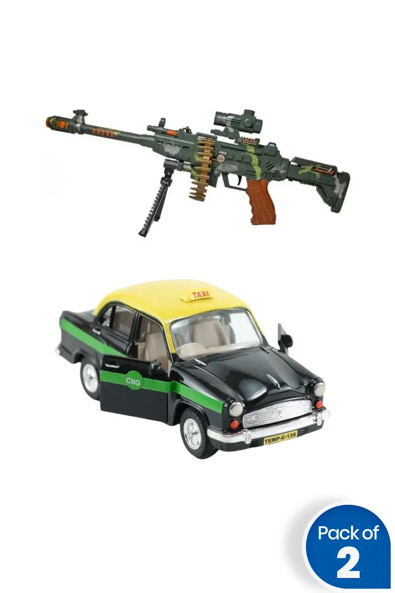 Toy Ambassador Taxi Car with Army Style Toy Machine Gun – Combo of 2
