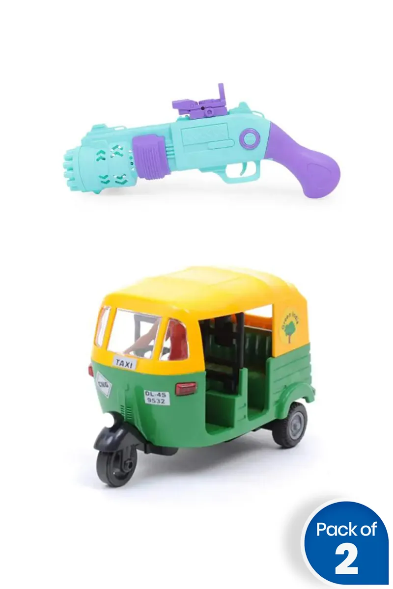 Kids Bubble Shooter Gun With Auto Rickshaw Toy - Combo of 2