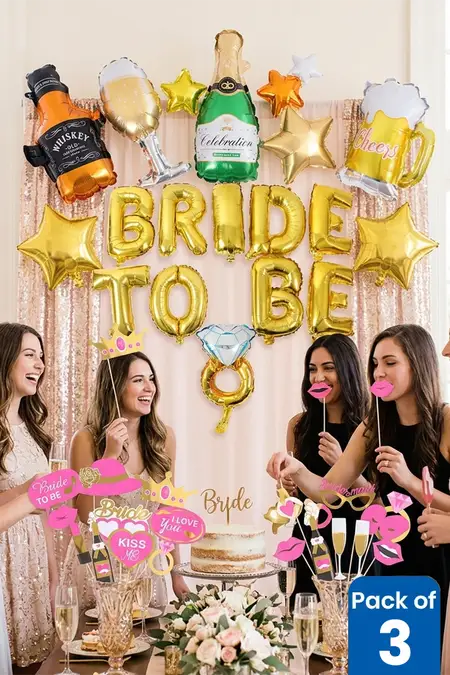 Bride To Be Party Combo – Balloons, Liquor Garland & Photo Props (Pack of 3)