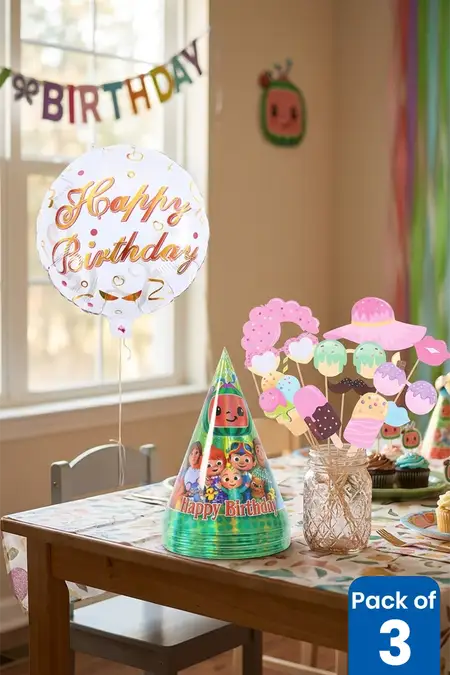 Kids Birthday Party Combo – Balloon, Cocomelon Cap & Ice Cream Photo Props (Pack of 3)