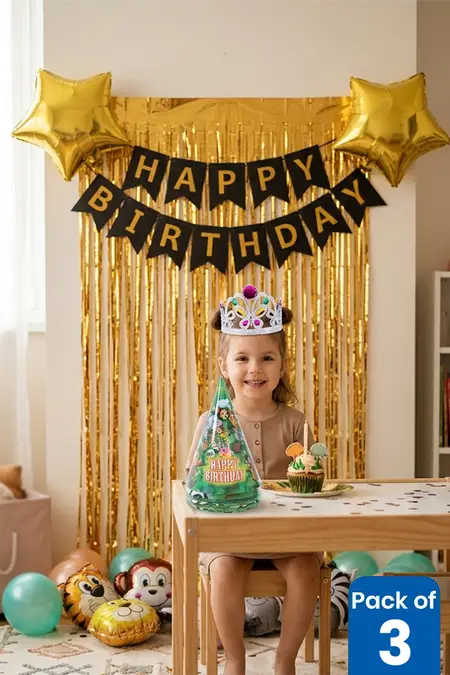 Jungle Theme Kids Birthday Party Combo – Party Set, Birthday Caps & Butterfly Crown (Pack of 3)
