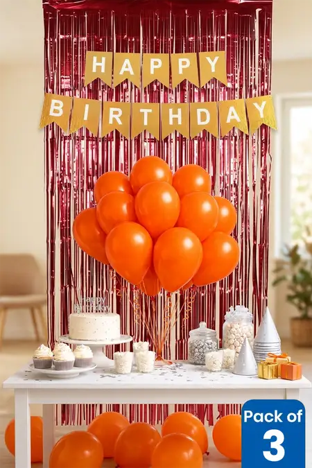 Birthday Party Decoration Combo – Fringe Curtain, Banner & Balloons (Pack of 3)