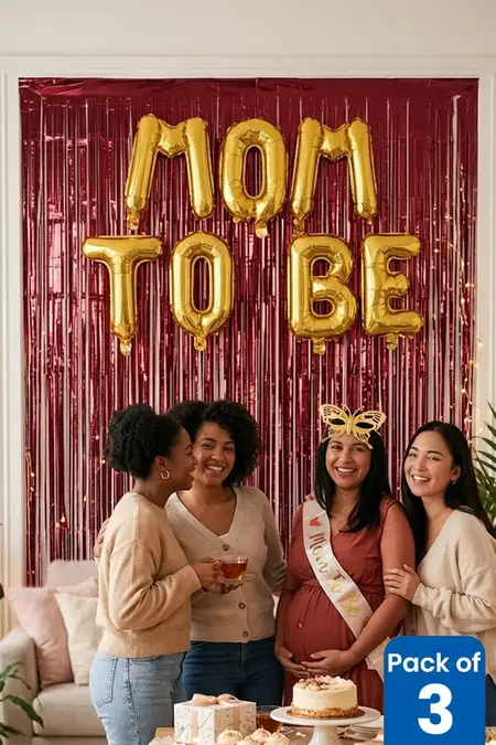 Mom To Be Party Decoration Combo - Foil Fringe Curtain, Alphabet Balloon & Butterfly Eye Mask (Pack of 3)