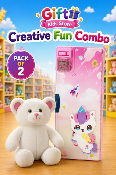 Kids Unicorn Pencil Box & Soft Toy Combo - Pack of 2