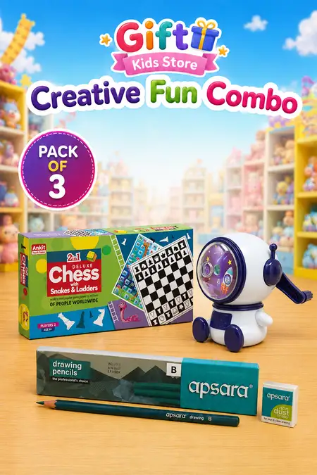 Chess & Snakes Ladders Board Game with Apsara Drawing Pencil & Sharpener Combo - Pack of 3