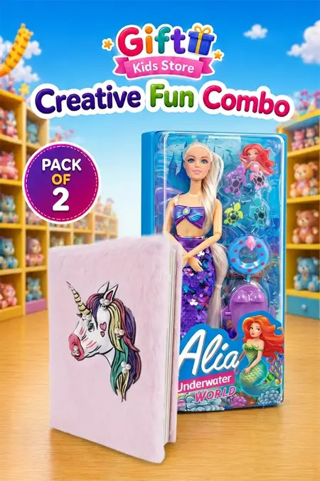 Barbie Doll Set & Unicorn Plush Diary Combo - Pack of 2