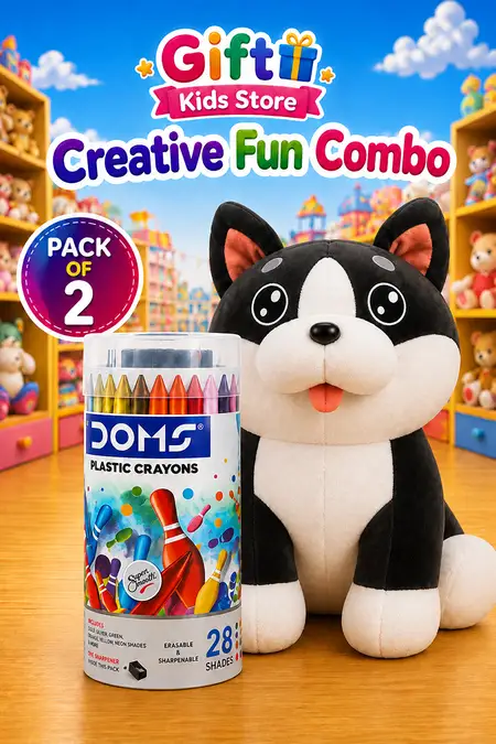 Dog Stuffed Soft Toy & DOMS 28 Shades Crayons Combo - Pack of 2
