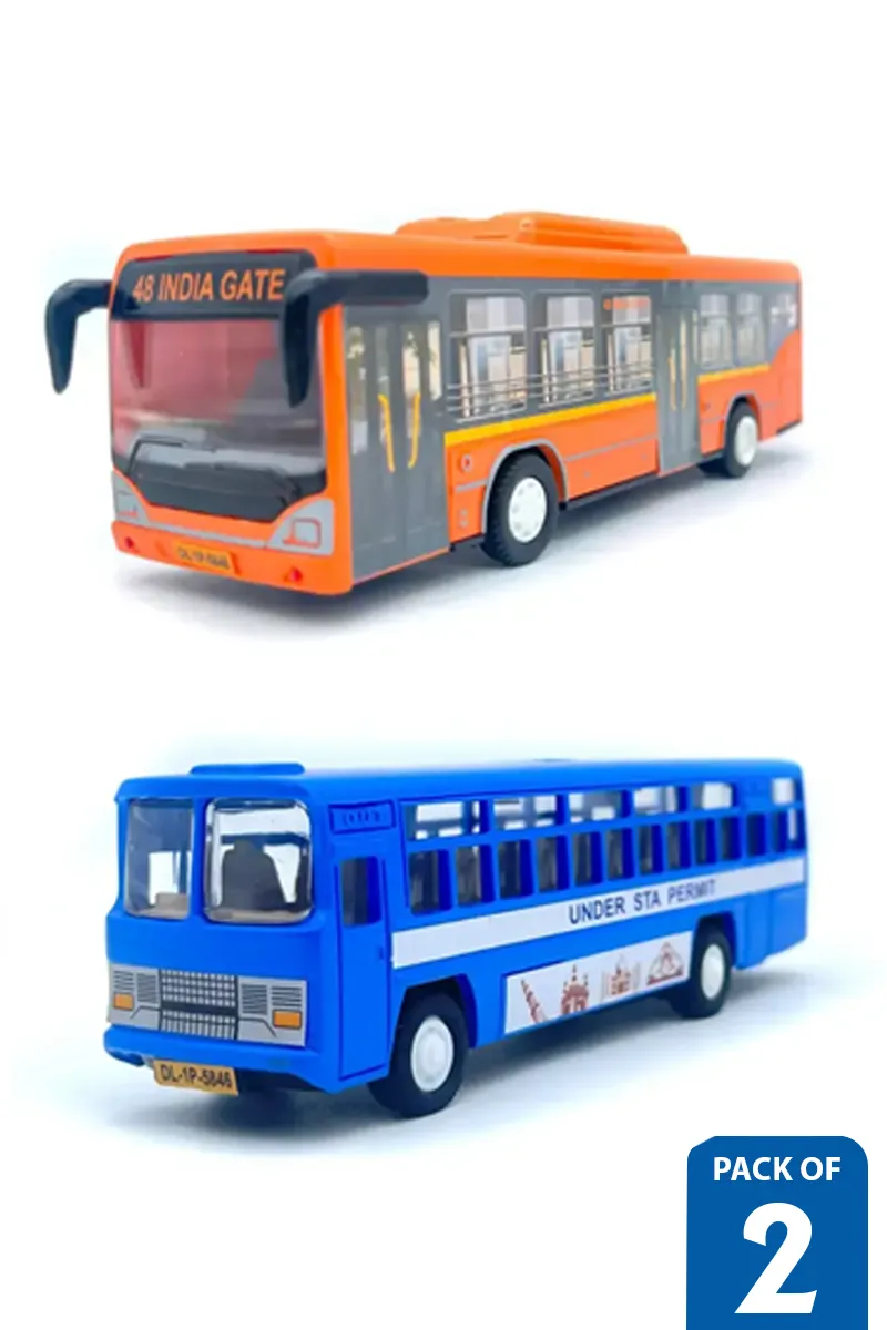 Low Floor Bus Pull Back & City Bus Toys – Pack of 2