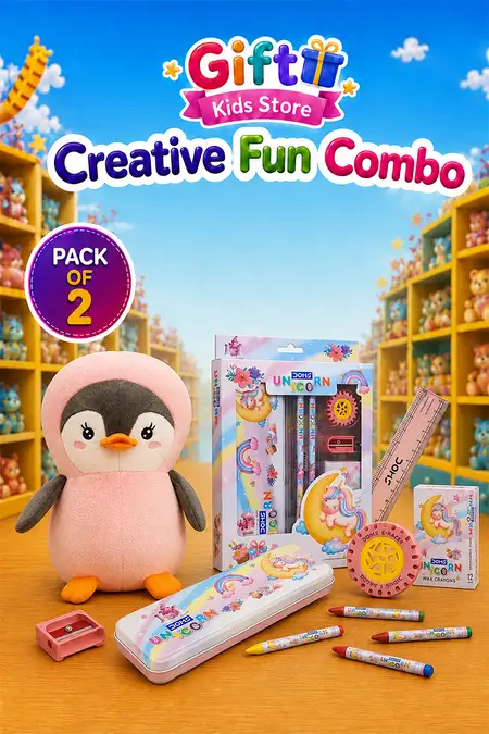 Penguin Stuffed Soft Toy & Unicorn Stationery Kit Combo - Pack of 2