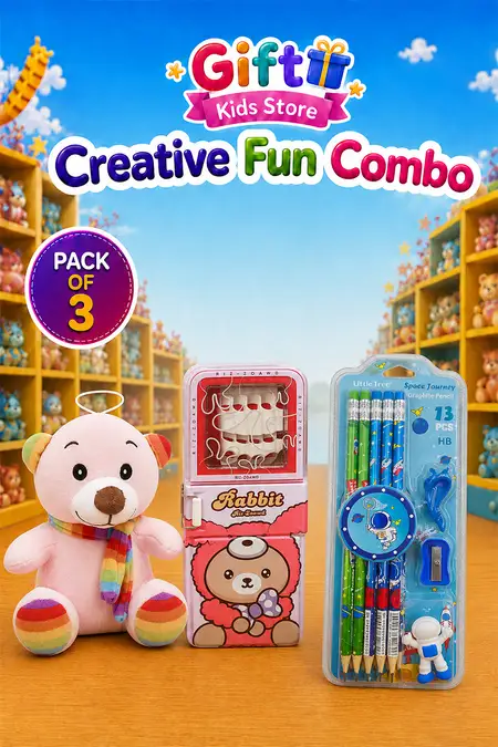Pink Teddy Bear, EVA Rabbit Pencil Box & Space Pencil Set Combo - Pack of 3