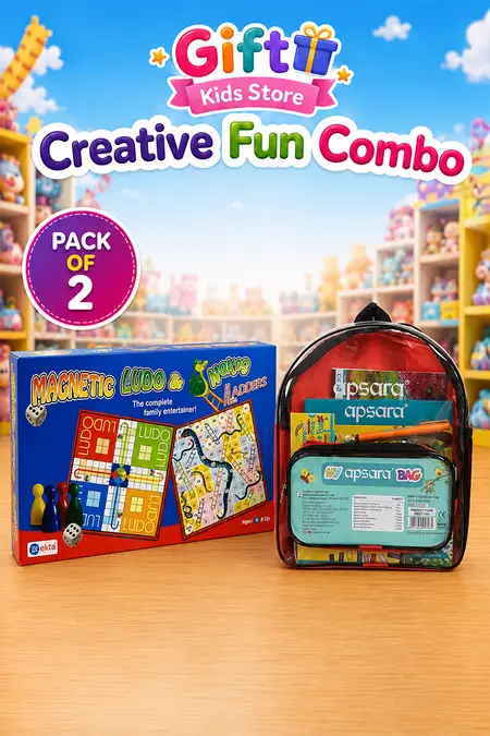 Apsara Kids Art & Games Combo - Bag Art Kit & Magnetic Ludo Snakes & Ladders - Pack of 2
