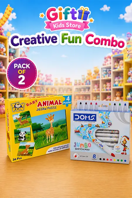 Kids Creative Learning Combo - Animal Jigsaw Puzzles & DOMS Jumbo Sketch Max - Pack of 2