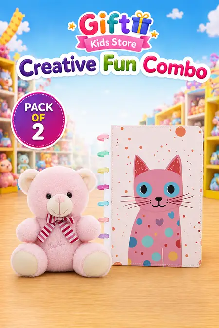Kids Gift Combo - Fancy Kitten Notebook & Wonder Bear Soft Toy - Pack of 2