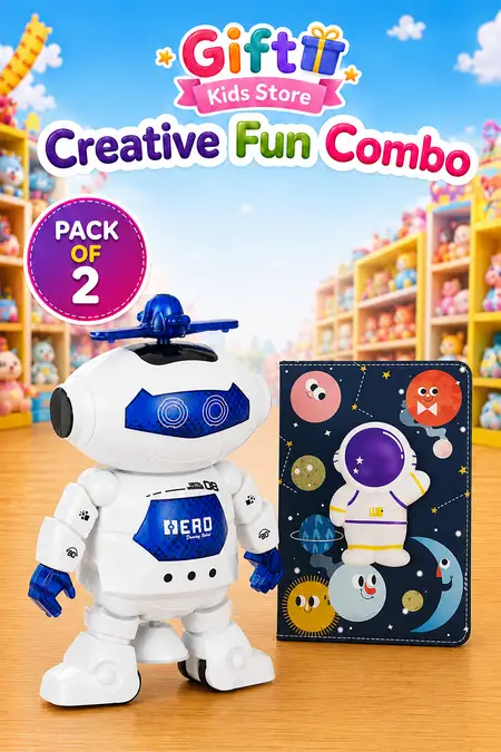 Kids Fun & Gift Combo - 3D Astronaut A5 Notebook & Dancing Robot Light & Music Toy - Pack of 2