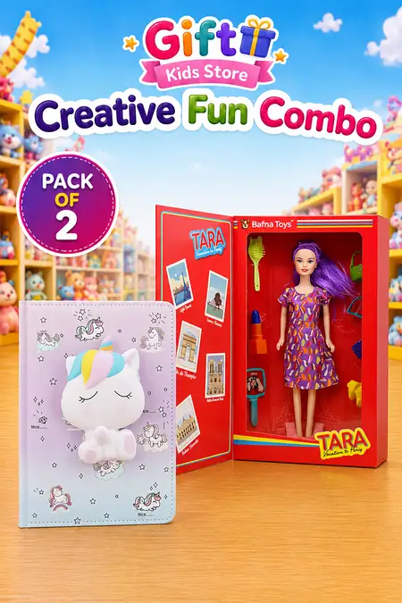 Kids Fun Combo - 3D Unicorn A5 Notebook & Tara Paris Doll with Accessories - Pack of 2