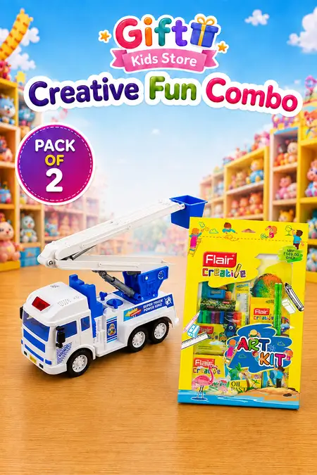 Kids Art & Fun Combo - City Service Truck Toy & Flair Creative Art Kit 10 Pcs - Pack of 2