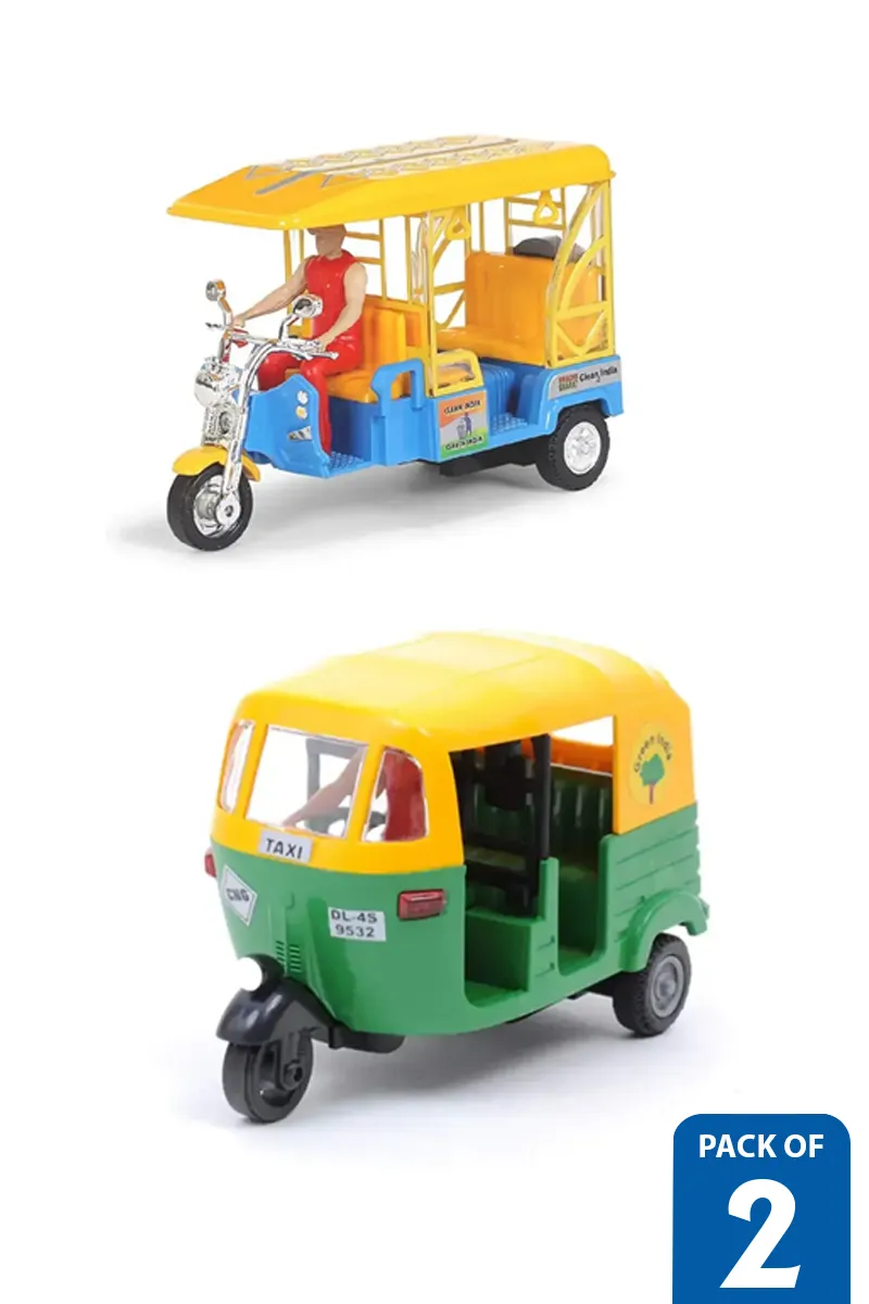 3 Wheel E-Rickshaw Pull Back & CNG Auto Rickshaw Toys – Pack of 2