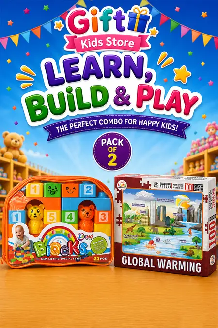 Kids Educational Toy Combo – Building Blocks & Global Warming Jigsaw Puzzle (Pack of 2)