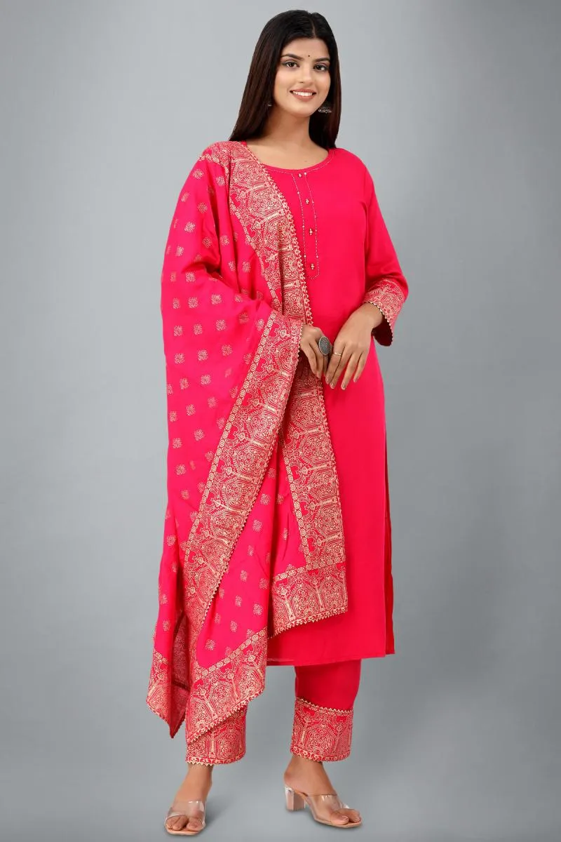 Rayon Solid Kurti with Pant & Dupatta Set for Women