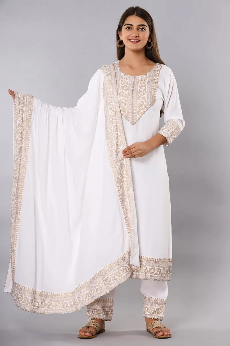 Rayon Printed Kurti with Pant & Dupatta Set for Women